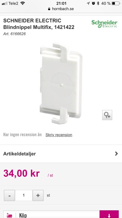 Vit blindnippel från Schneider Electric på en webbutiksida med prisinformation.