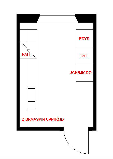 Ritning av ett kök med etiketterade apparater inklusive kyl, frys och ugn, samt en markerad hall och upphöjd diskmaskin.