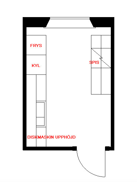 2D-ritning av ett kökslayoutförslag med markerade positioner för kyl, frys, upphöjd diskmaskin och spis.