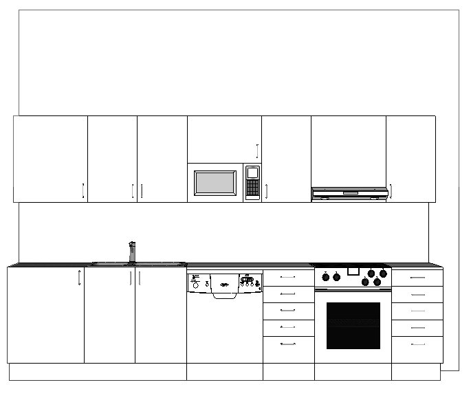 Svartvit 3D-ritning av ett köksförslag med skåp, diskbänk, mikrovågsugn, ugn och spis samt överskåp.
