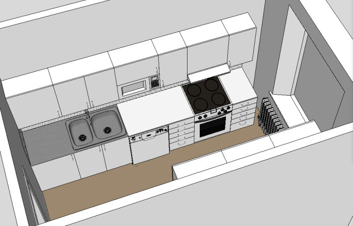 3D-ritning av ett köksförslag med diskho, spis, ugn och plats för diskmaskin.