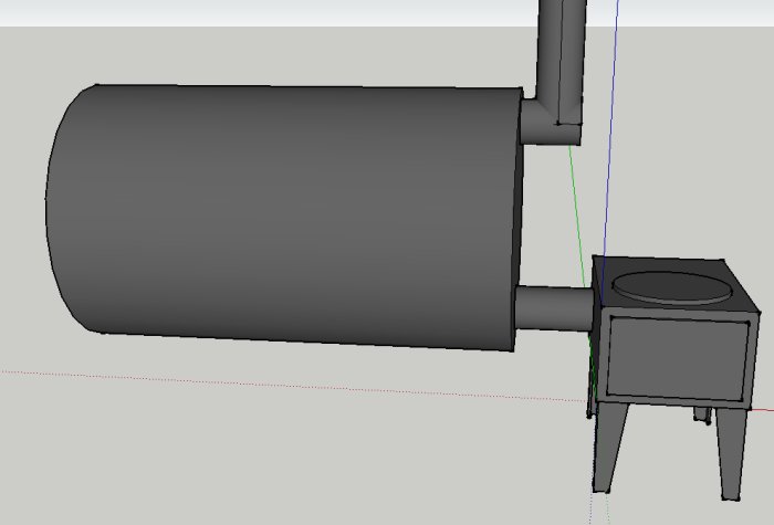 3D-modell av en modifierad kamin med sidoutlopp för rökgaser, integrerad i ett uteköksdesignkoncept.