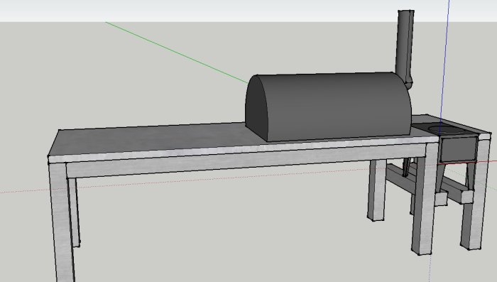 3D-skiss av utekök med inbyggd kamin och sidomonterad rökgasutgång.