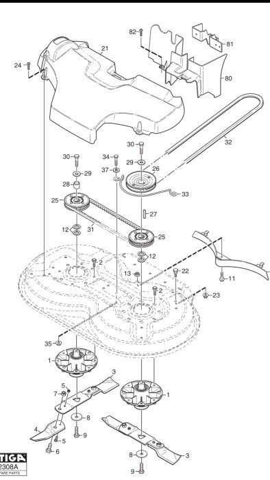 Exploded view diagram of machinery with a focus on the left pulley that has been removed, lacking tensioner or tension screw.