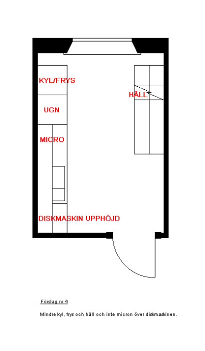 Ritning av ett kök med positioner markerade för kyl/frys, ugn, mikro och upphöjd diskmaskin samt anslutning till hall.