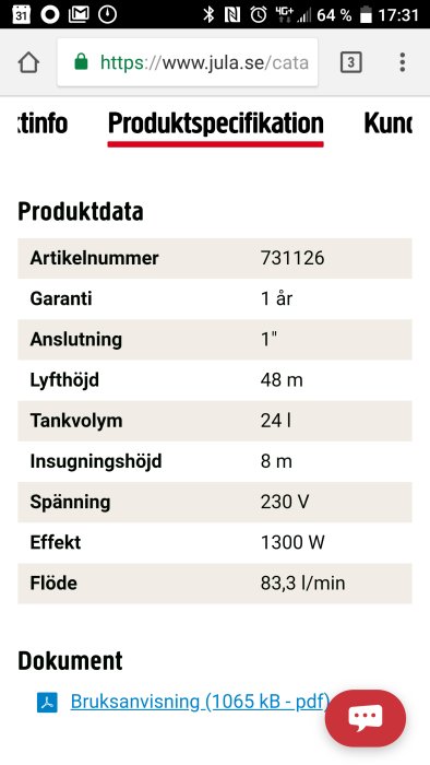Skärmdump av en webbsida med produktspecifikation, inkluderar artikelnummer, garanti och tekniska detaljer.