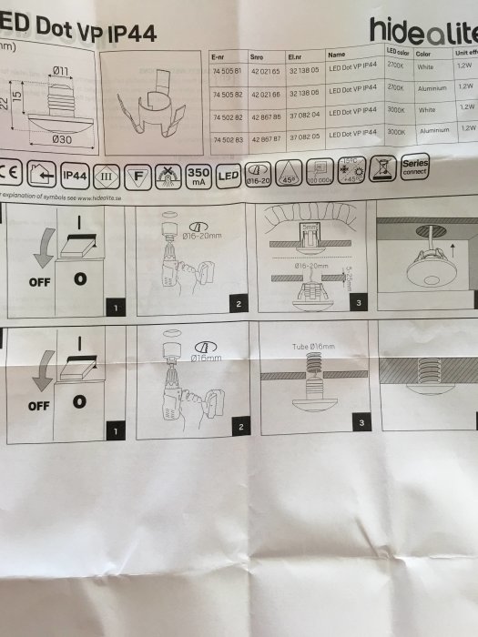 Illustrationsblad som visar installation av LED Dot VP IP44 inklusive produktinformation och instruktioner.