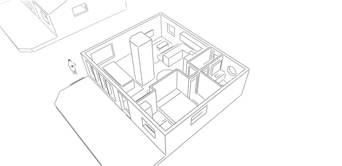 Skiss av en lägenhetsplan med markerade rum och möbler, version 2, i 3D-perspektiv.