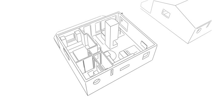 Linjeteckning av ett hus i 3D-modell, visar planlösning för version 2 av ett byggprojekt.