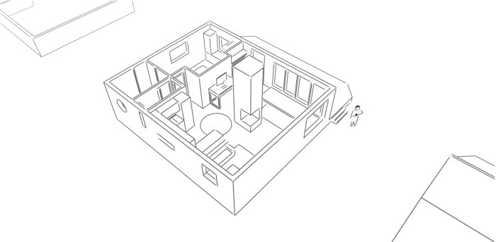 Skiss av bostadsplan, V2, med rum, möblering och fönster, ej slutgiltig version.