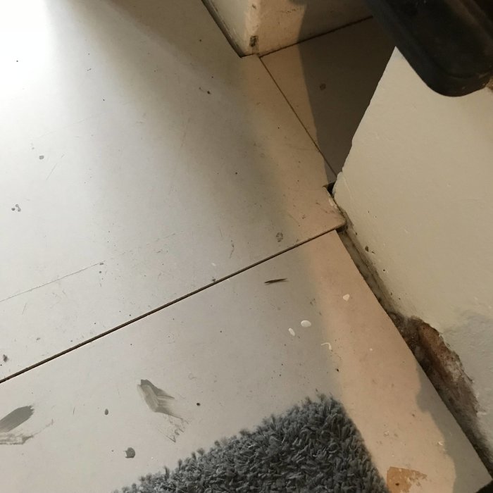 Hörn av ett rum med sliten vit heltäckningsmatta vid väggkant och övergången till keramikplattor.