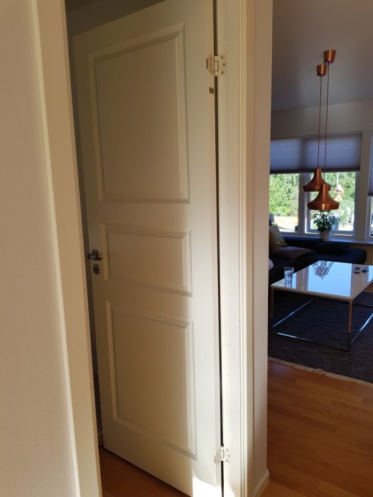 Snedställd innerdörr med öppen glipa upptill och tätt nertill vid karmen i ett hemmiljö.