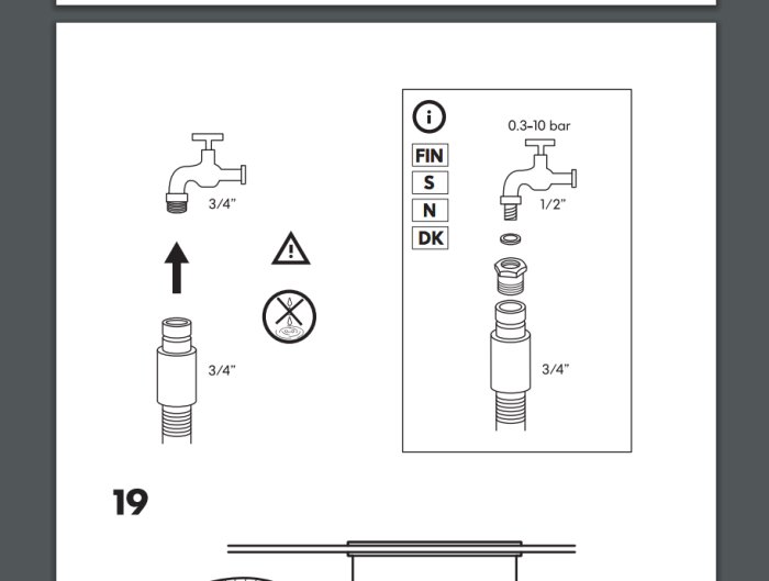 Instruktionsbild för koppling av rörstorlekar med ikoner för varning och länder samt tryckangivelse.