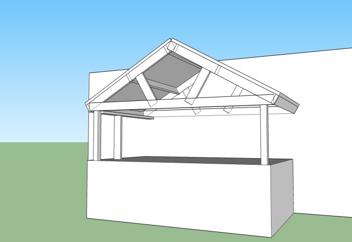 Sketchup-skiss av en balkong ovanpå en farstu under ombyggnation med synliga reglar och takstolar.