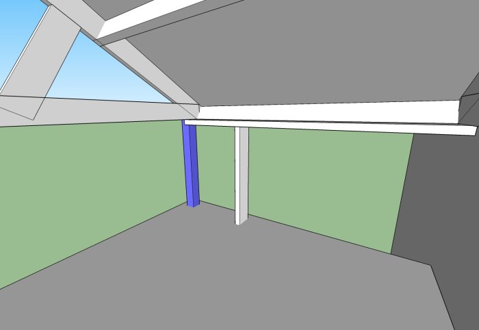 3D-skiss av en balkong med blå regel som sträcker sig från golv till under takstol.