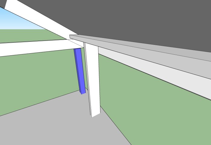 Sketchup-modell som visar balkong med farstu och reglar som skarvas, med fokus på regelns höjd i relation till takstolarna.