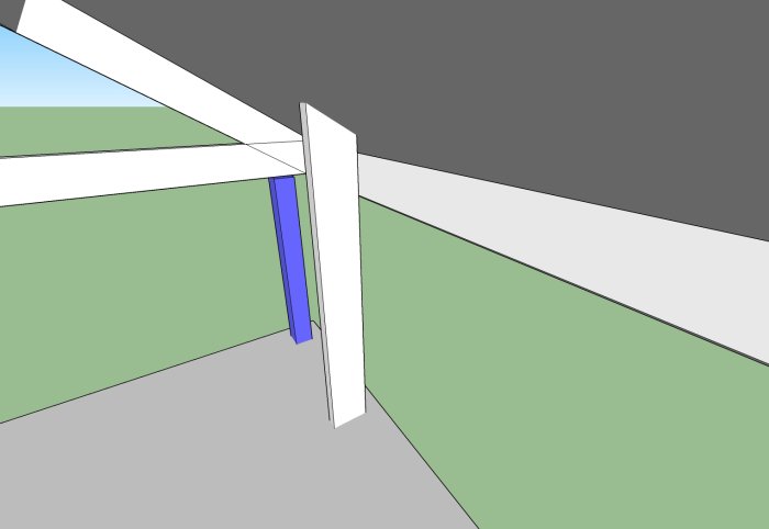 3D-skiss av en balkongkonstruktion med reglar förlängda från farstun, utan hammarband.