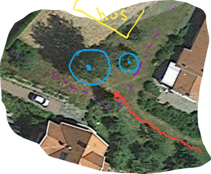 Flygbild med markerat hus i gult, skadade träd i blått och grävningslinje i rött.