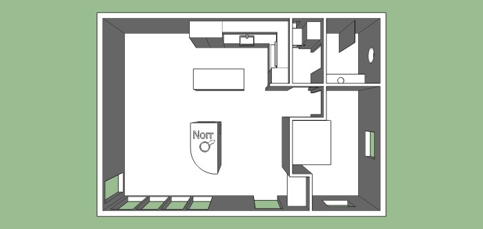 Ovanvy av en grov SketchUp-ritning av en lägenhet med möbler och fönsterplaceringsförslag.