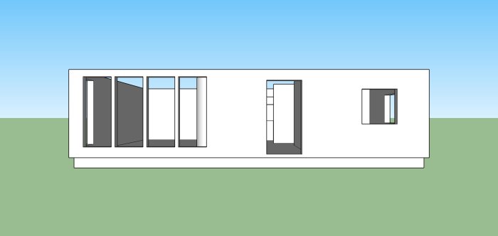 3D-ritning av husfasad med stora fönster och dörrar, saknar fönster i nordväst/sydväst.