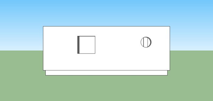 Enkel skiss av ett husfasad med rektangulärt och cirkulärt fönster mot en gräs- och himmelsbakgrund.