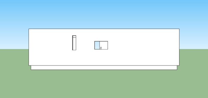 Schematisk ritning av en byggnadens fasad med ett fönster och dörr i Sketchup.