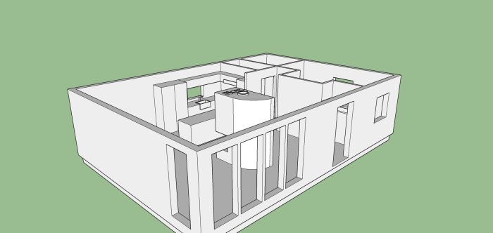 3D-skiss av ett oinrett hus med öppen planlösning, stora fönster, och synlig köksö.