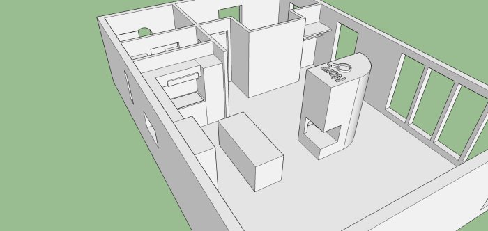 3D-skiss av inredningslayout med soffa, matbord och köksinredning, saknar fönster på vissa väggar.