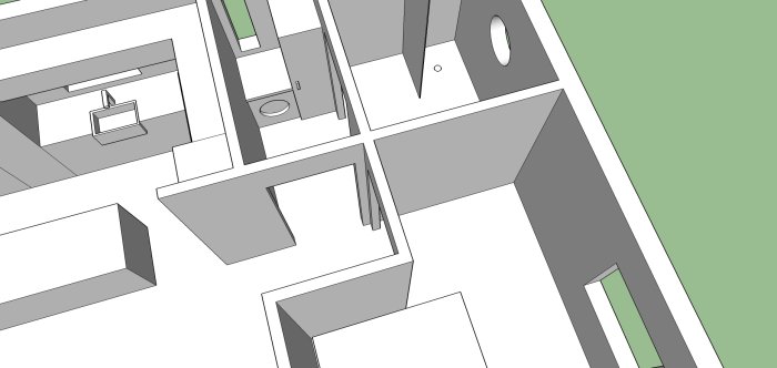 3D-skiss av en planlösning skapad i Sketchup utan fönster i nordvästra/sydvästra vägg, med möbleringsförslag.