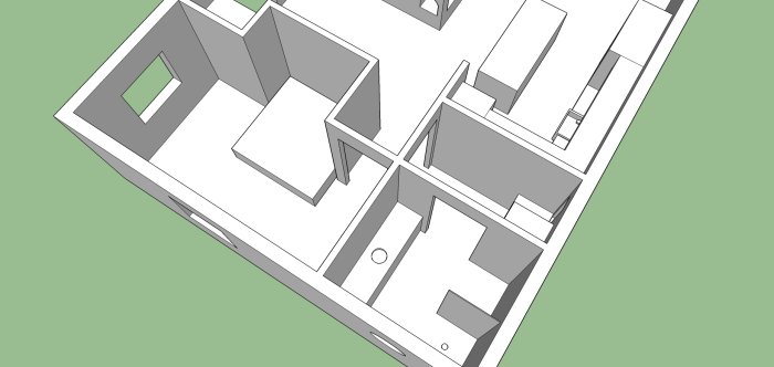 3D-ritning av en bostadsplan i Sketchup utan möbler, fokus på placering av fönster och rum.