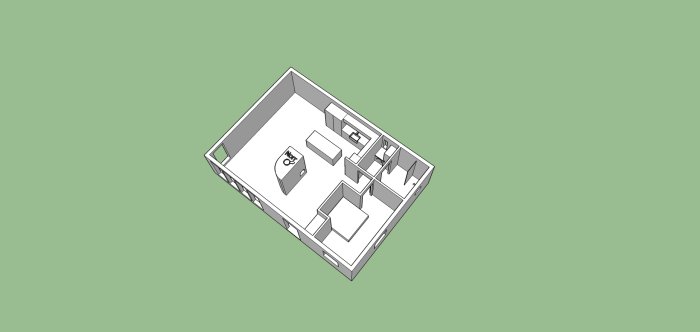 3D-SketchUp-ritning av ett hem-interiör med markerade områden för kök, vardagsrum och matplats.