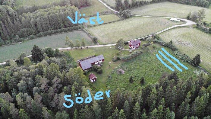 Flygbild över landskap med röda hus, text markerar väderstrecken "Väst" och "Söder".