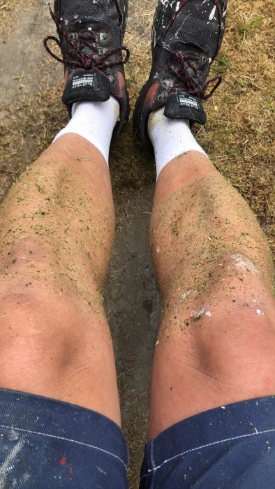 Person med gräsklipp på benen och shorts står i en stig efter att ha använt en trimmer.