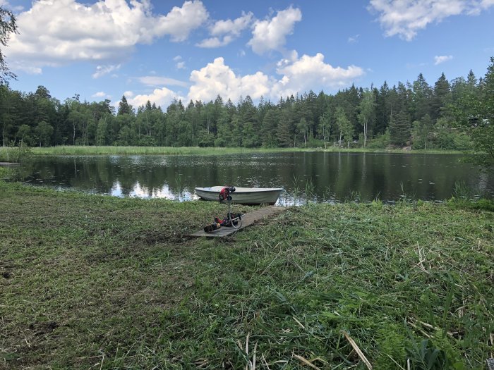 Sjöutsikt med nyligen trimmad gräsmark, en båt vid bryggan och motorsåg i förgrunden.