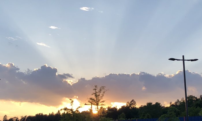Solnedgång med silhuetter av träd och gatlykta mot dramatisk himmel i Vagnhärad.