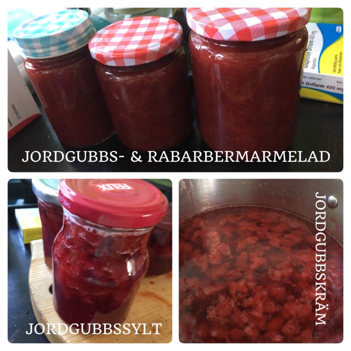 Hemgjord jordgubbs- och rabarbermarmelad, jordgubbssylt och jordgubbskräm i burkar med rutiga lock.