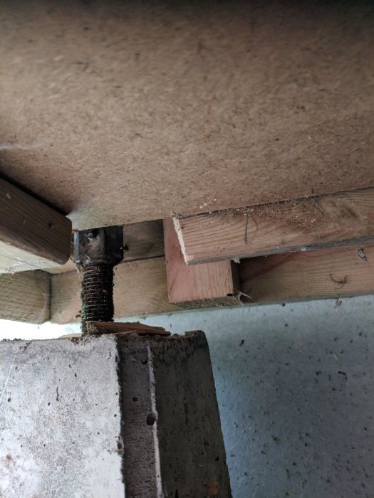 Närbild av justerbar plint med träbjälkar ovan som stödjer en farstuutbyggnads struktur.