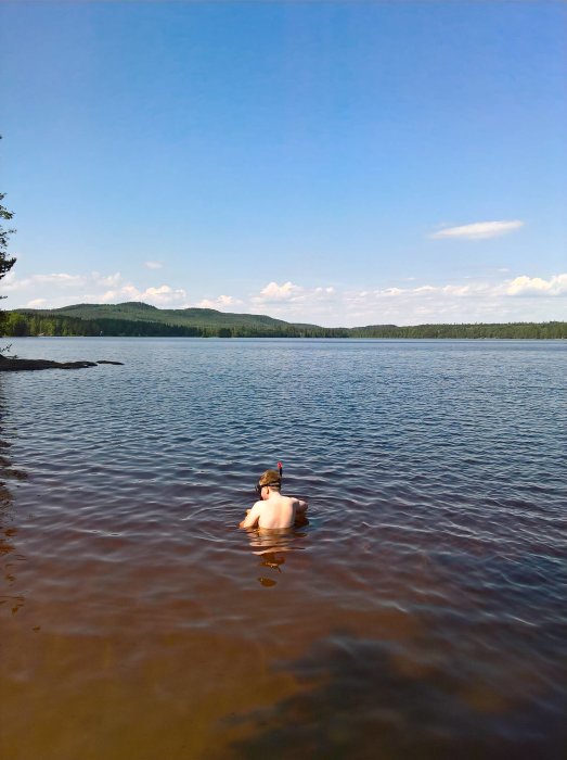 Person snorklar i sjö med skog och blå himmel i bakgrunden, plats för framtida brygga till höger.