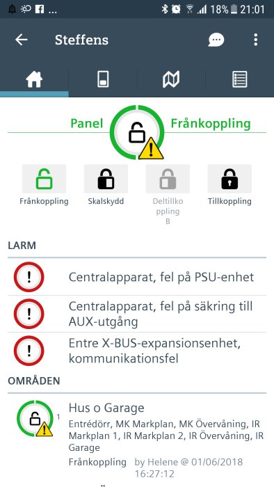 Skärmklipp av larmhanteringssystem med felmeddelanden och status för tillkopplat larmsystem.