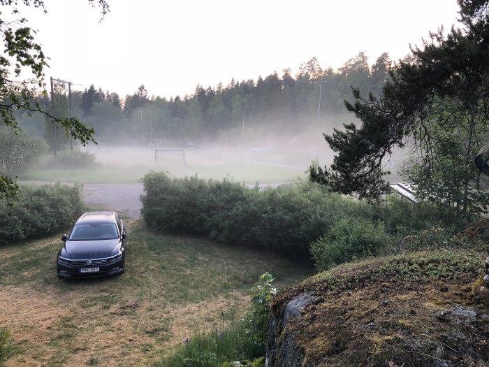 Dimmig utsikt över en tomt med bil på uppfart och grönskande träd i bakgrunden.