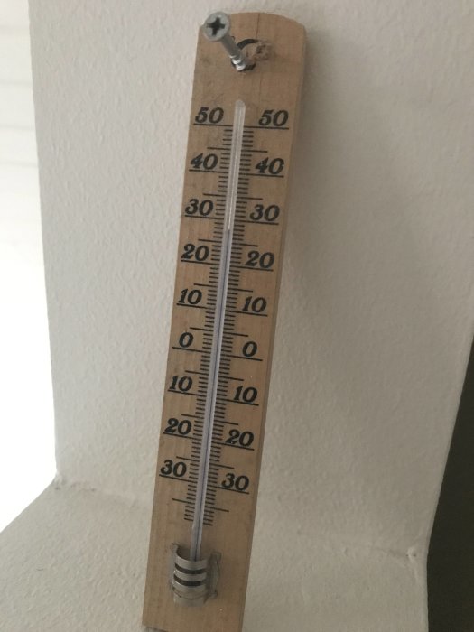 Trätermometer visar 28 grader Celsius inomhus monterad på vit vägg