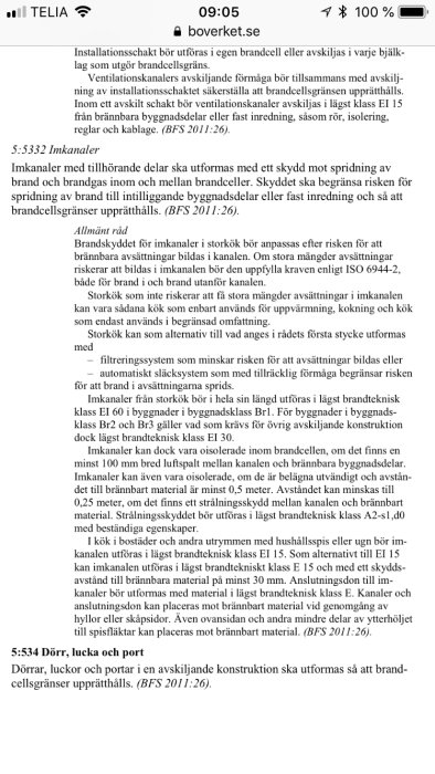 Skärmdump av text från boverket.se som beskriver regler för installationsschakt och imkanaler relaterade till brandsäkerhet.