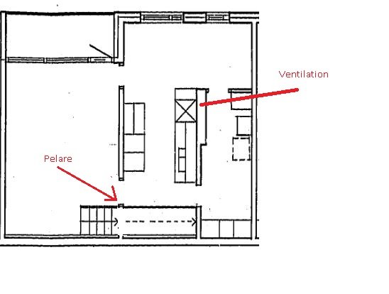 Planritning från 1964 med markeringar för pelare och ventilation.