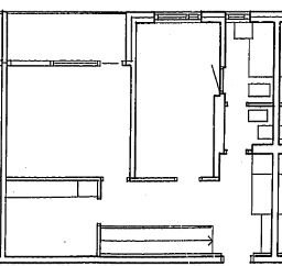 Svartvit planritning av ett hus byggt 1964 med tydliga rum och möblering.