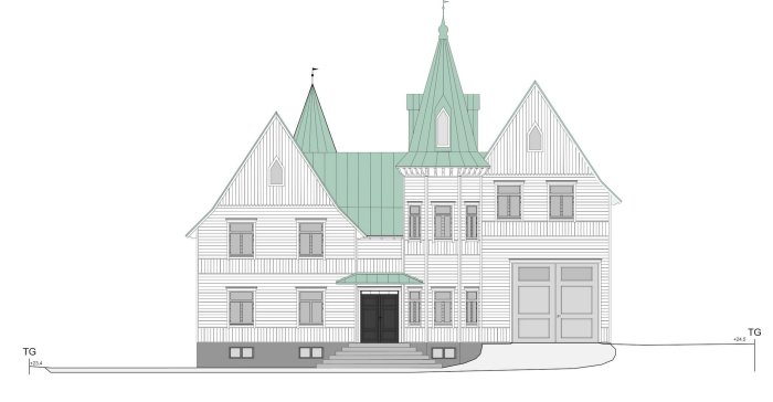 Digital fasadritning av ett hus med torn, smalare torn och ändrade takvinklar, framför förslag till farstukvist.