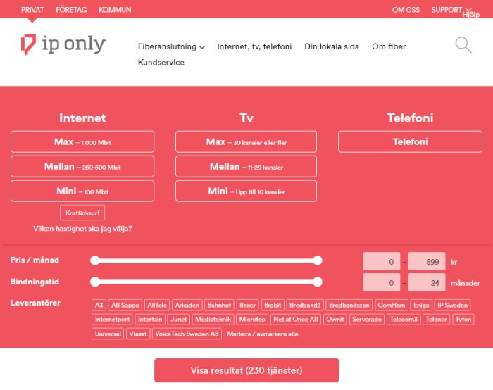 Skärmbild av webbgränssnitt för tjänsteval hos IP Only inklusive Internet, TV och Telefon alternativ samt priser och operatörer.