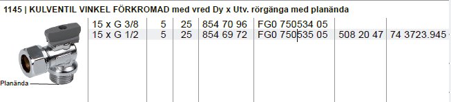 Produktbild av en förkromad kulkranvinkel med produktinformation och artikelnummer i en tabell.