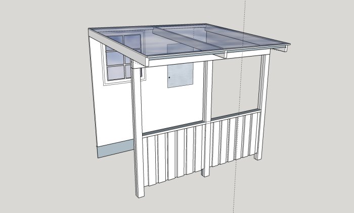 3D-modell av ett planerat skärmtak i trä över ett cykelställ vid husvägg med fönster i bakgrunden.