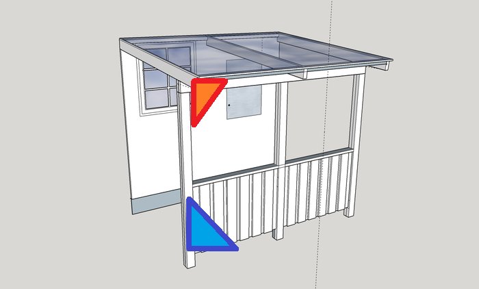 3D-modell av en byggkonstruktion med en röd triangel i överkanten och en blå i nederkanten som stabiliseringsförslag.