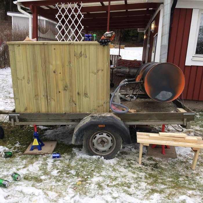 Hemmagjord badtunna på en släpkärra med en intilliggande oljefatspanna och snickerimaterial under ett husöverhäng på snötäckt mark.